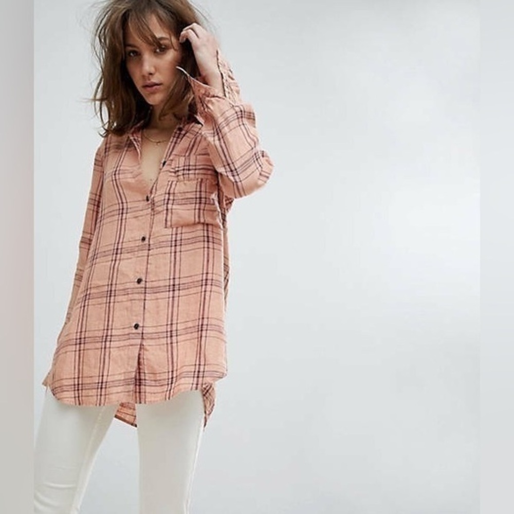 Free People No Limits Peach Plaid Button Down